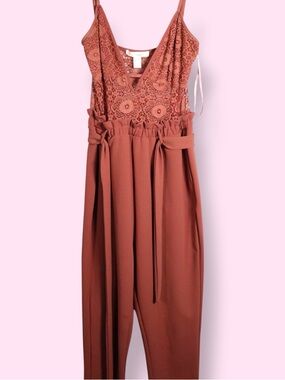 ReVamped Rust Lace Jumpsuit Women’s Small Wide Leg Belted Romper